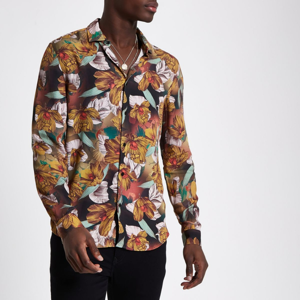 Floral Slim Fit Long Sleeve Shirt in Yellow